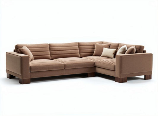 Divano angolare in tessuto beige dimensioni 240 x 150 x 90cm con cuscini decorativi