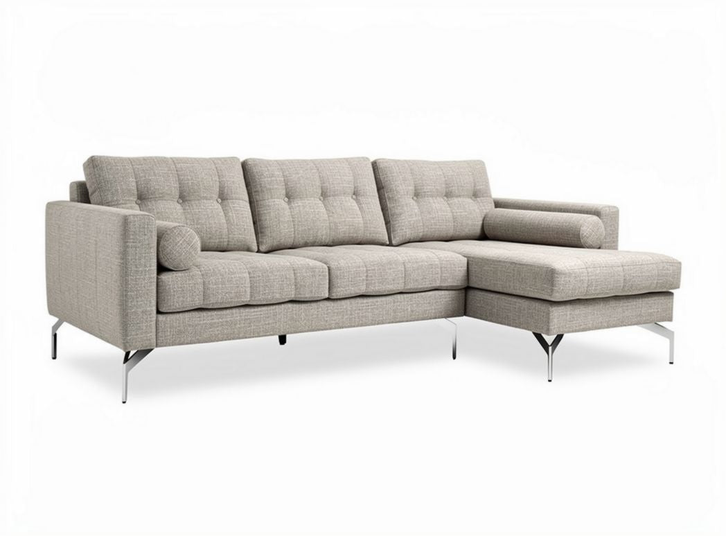 Divano angolare in tessuto beige 220 x 90 x 85 cm con poggiatesta e struttura in metallo