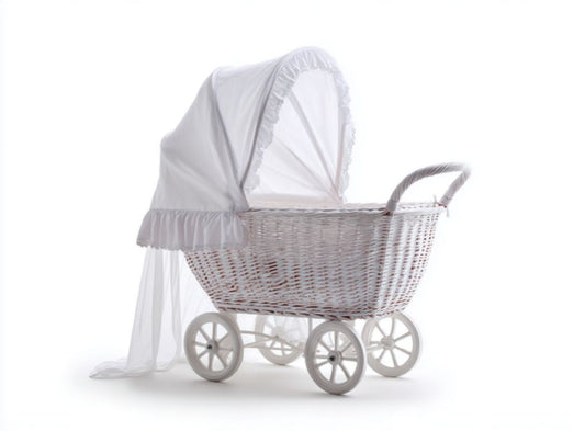 Carrozzina per neonati in rattan con cappottina beige e ruote bianche 60 x 40 x 80cm