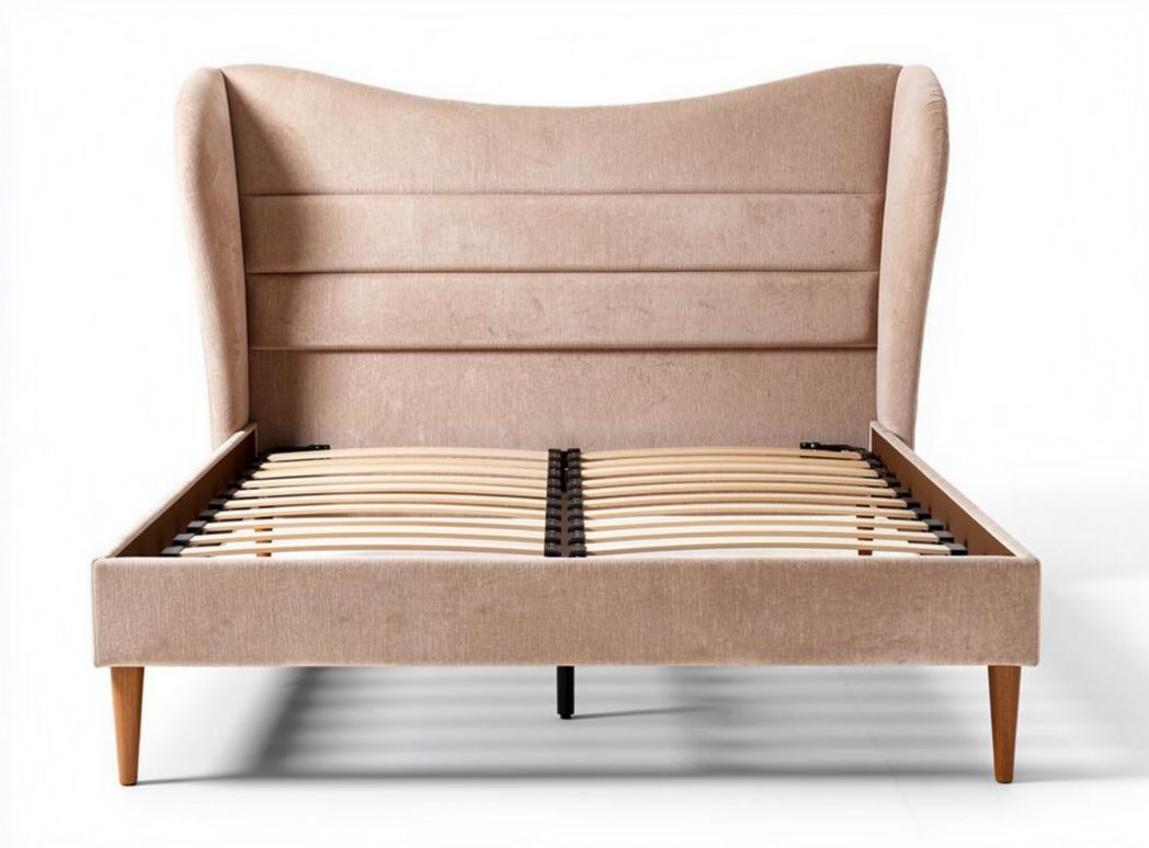 Letto matrimoniale imbottito in tessuto beige con testiera alta 200 x 160 x 100cm