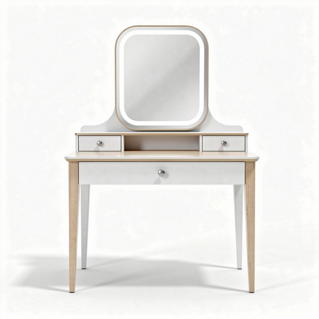 Toeletta moderna con specchio e cassetti in legno bianco e naturale 80 x 40 x 130cm