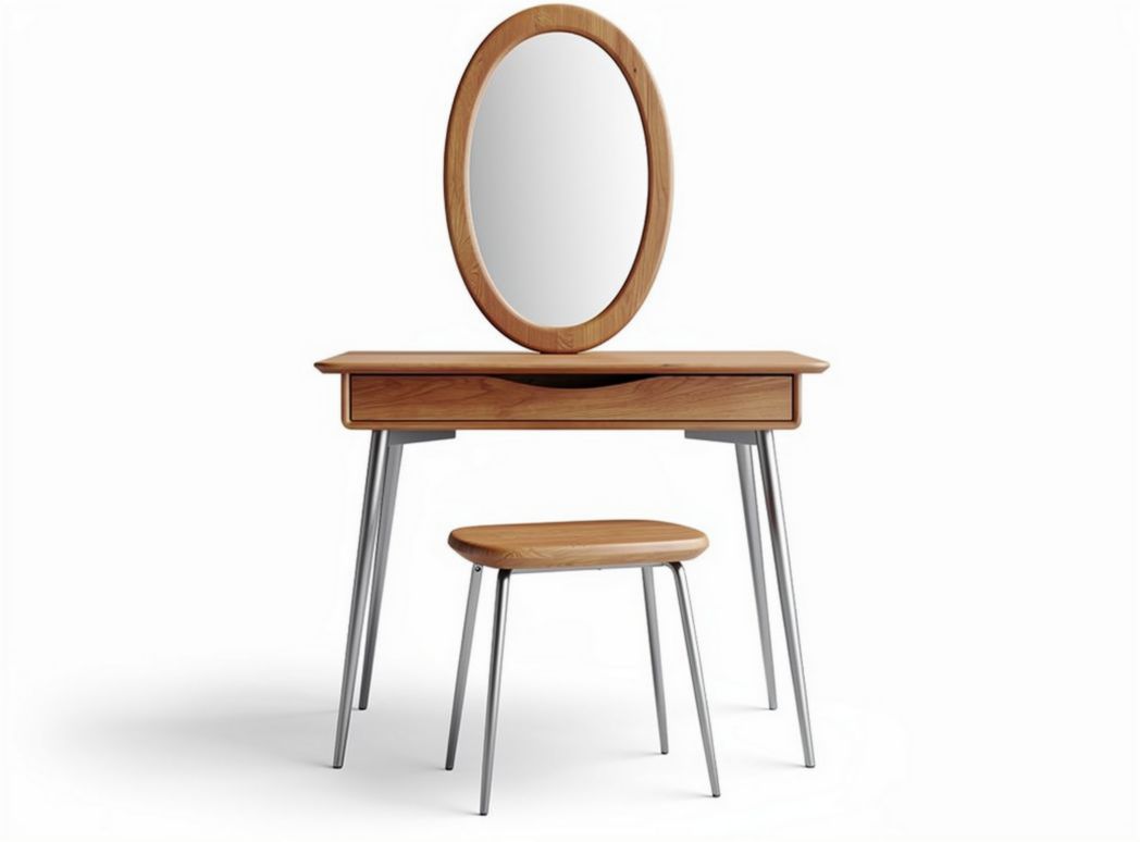 Toeletta in legno di noce con specchio ovale e sgabello in metallo 80 x 40 x 140cm